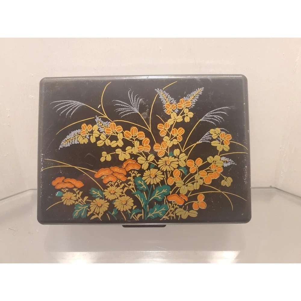 Vintage Black Lacquer Tissue Holder With Mirror Case Chinese Asian Flower Design